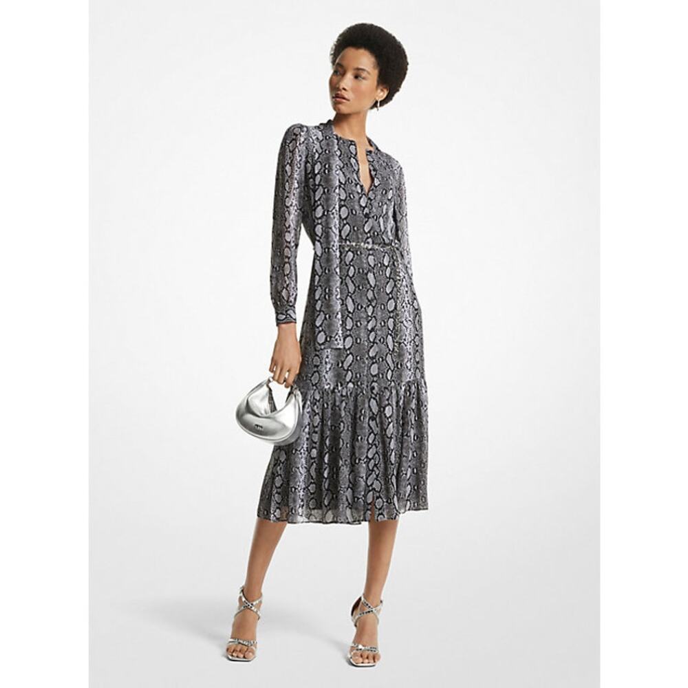 $295 MSRP - Michael Kors Snake Print Georgette Midi Dress - Sz L - NWT